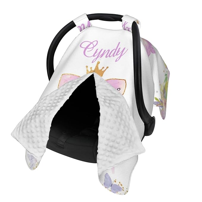 Personalized Baby Car Seat Canopy for Babies, Custom Name Car Seat Covers for Baby Girls, Butterfly Purple Opening Minky Nursing Breastfeeding Cover for Infant, Carseat Canopies for Newborn
