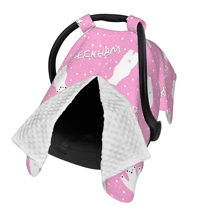Personalized Baby Car Seat Canopy for Babies with Name, Custom Polar Bear Pink Stroller Car Seat Covers for Girls, Minky Nursing Carseat Cover for Breastfeeding, Car Seat Canopies for Newborn