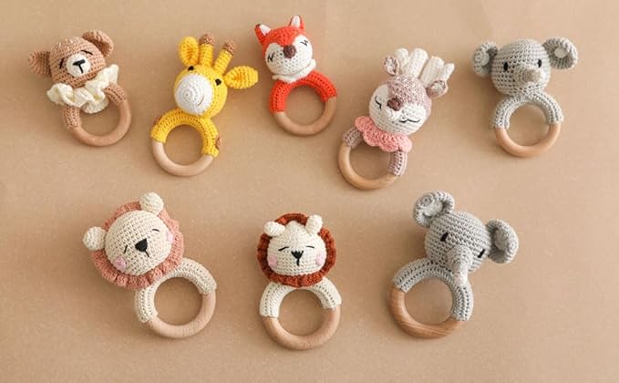 Wooden Baby Rattle，Crochet Lion Rattle with Wood Ring, Newborn Wooden Animal Rattle Toy，Infant Lion Wood Rattle Toys