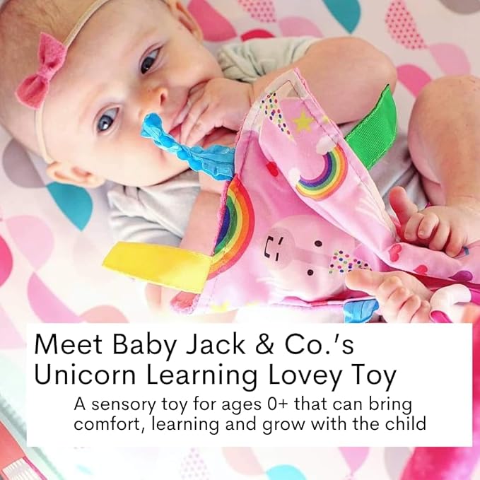 Baby Jack & Co 8x8 Unicorn Lovey Tag Toys for Babies with Crinkle Sensory Development - Soft & Safe Soother for Learning Shapes & Colors - BPA Free with Stroller Clip