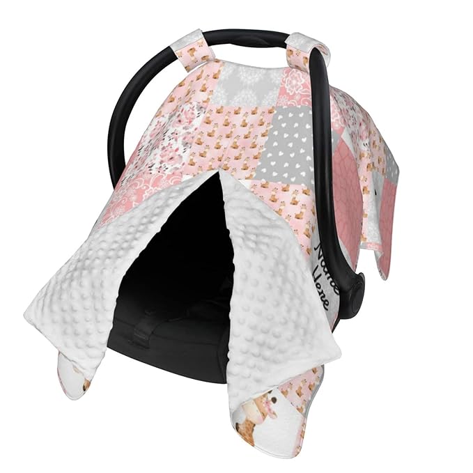 Personalized Giraffe Plaid Baby Infant Car Seats Canopy for Babies with Name, Custom Multi-use Blankets for Baby Boys Girls, Peekaboo Minky Nursing Breastfeeding Stroller Cover Canopies for Newborn