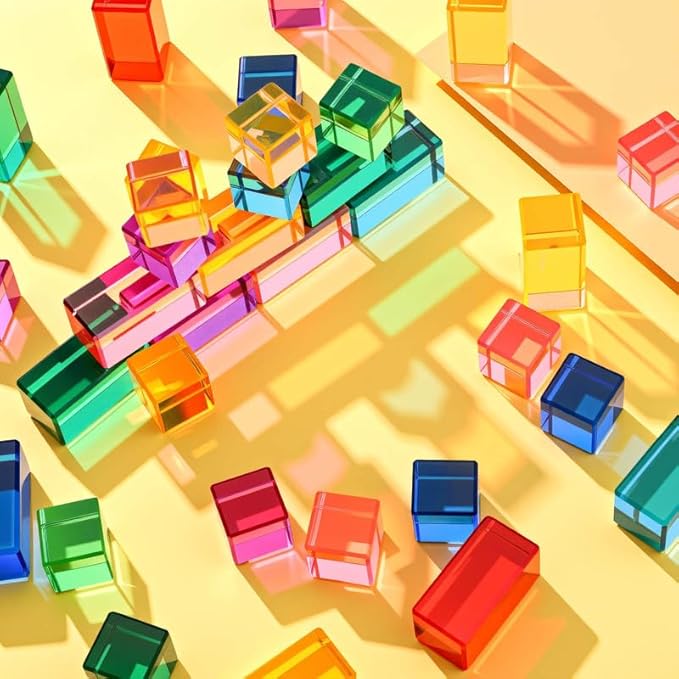 Meooeck 20 Pcs Acrylic Gem Cubes Blocks for Kids Translucent Rainbow Building Blocks Crystal Light Shadow Stacking Toys for School Education Training Learning(2 Sizes)