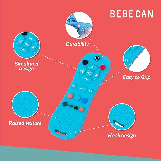 BEBECAN 3 Pack Silicone Baby Remote Teether Chew Toy for Infant TV Teething Remote Control Shape Play Remotes for Babies 3-24 Months (Black+Blue+Pink)