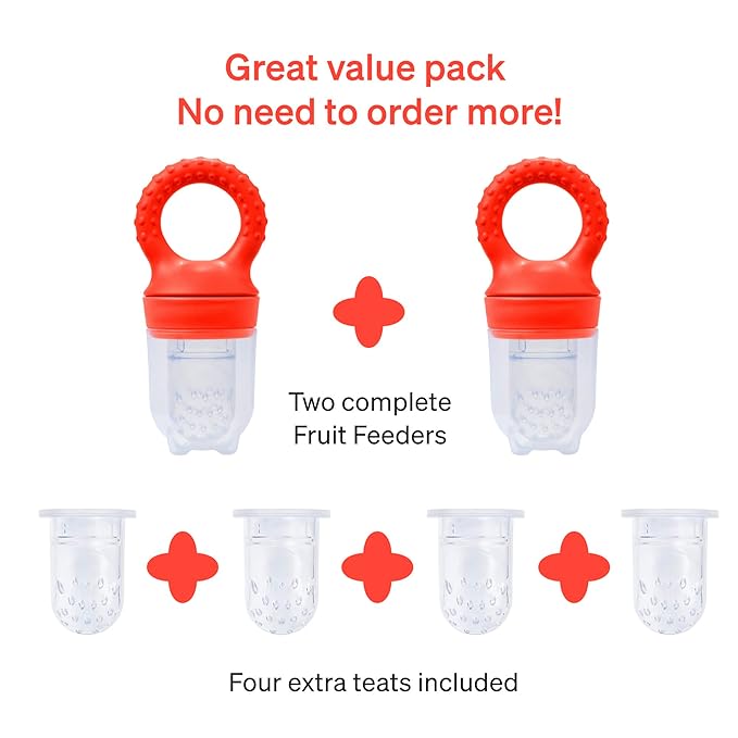Baby Fruit Feeder by Lovenoobs™, Frozen Teething Toys for Babies, 2 Pack, Fruit Pacifier with 6 Teats, BPA/BPS Free, Mesh Teether, Food-Grade Silicone, Baby Feeding Essentials