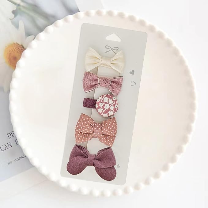 Baby Hair Clips for Girls - Soft Fabric Covered Duckbill Toddler Hair Clips with Bows & Round Design, Gentle Non-Slip Hair Accessories for Toddlers(5 Pcs)