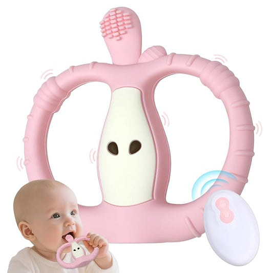 Vibrating Teether for Baby with Remote Control - Chewy Sensory Toy for Teething & Autism, 10-Speed Vibration Modes, USB Rechargeable, Food Grade Silicone Teether for Sensory Seekers (Pink)