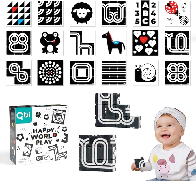 QBI Magnetic Baby Toys 0-6-12 Months | Black and White Baby Cards Newborn Toys High Contrast Flashcards & Magnetic Cubes | Visual Stimulation Montessori | Baby Essentials (9 Pieces)