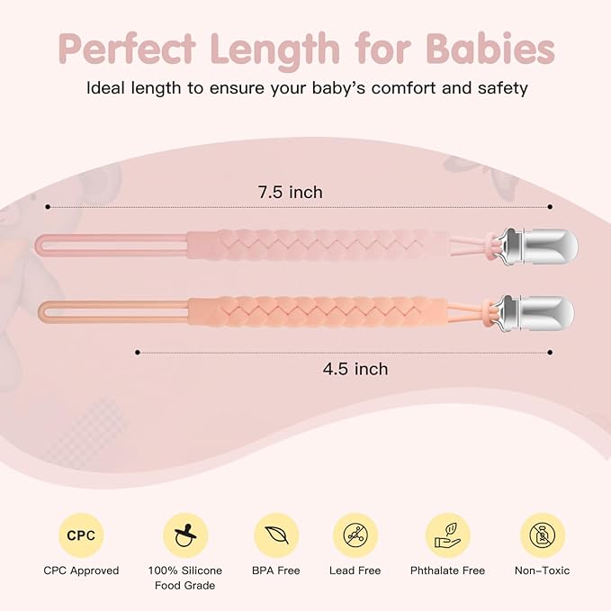 TenderBabe Silicone Pacifier Clip for Baby Girls and Boys, Pack of 6 Soft Flexible Paci Binky Clips with One-Piece Braided-Style Design,BPA-Free Baby Essentials