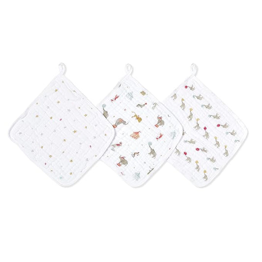 aden + anais Essentials Washcloth 3-Pack, Super Soft 100% Cotton Muslin, Gentle on Skin, 3 Absorbent 11x11 Layers, Softer with Every Use, Perfect for Babies, Infants, Toddlers, Elephant Circus