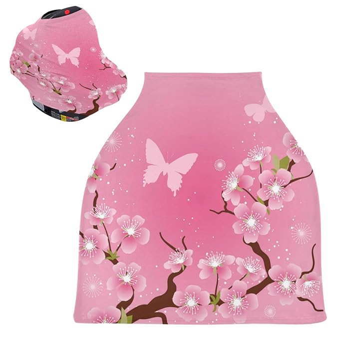 Stylized Cherry Blossom Flowers Baby Car Seat Covers, Nursing Cover Breastfeeding Scarf Soft Breathable Stretchy Coverage, Infant Stroller Cover for Boys Girls