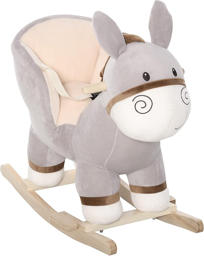 Qaba Kids Rocking Chair, Plush Ride On Rocking Horse Donkey with Sound, Wood Base Seat, Safety Belt, Baby Toddler Rocker Toy for 18-36 Months, Gray