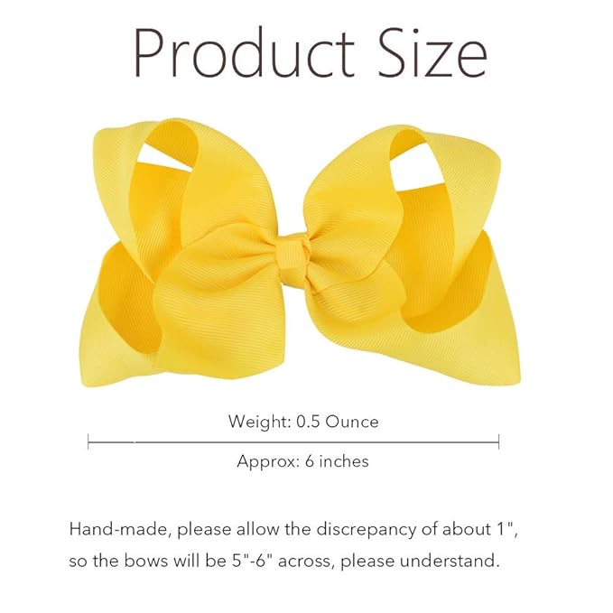 Oaoleer Big Hair Bows for Girls 12 PCS 6" Yellow Grosgrain Ribbon Large Boutique Bow Alligator Clips Hair Accessories for Toddlers Little Girls Kids