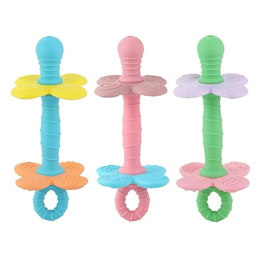 PandaEar 3 Pack Silicone Flower Baby Teether, Nipple-Shaped Gum Massager with Anti-Choke Guard, Easy-Grip Textured Teething Tube