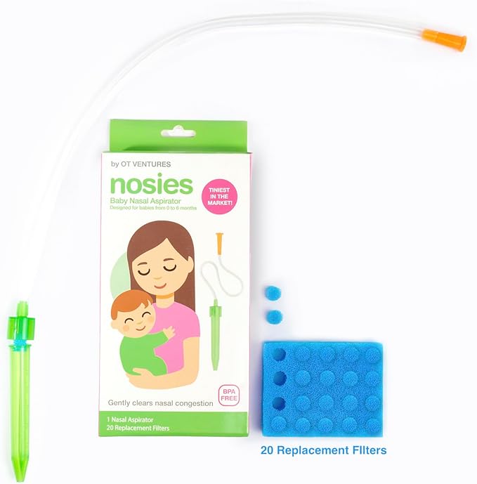 Nosies New Born Baby Nasal Aspirator (0-6 Months) with 20 Hygiene Filters | Tiniest Aspirator Ideal for New Born Baby Congestion Relief, Pediatrician Recommended, Gentle Suction