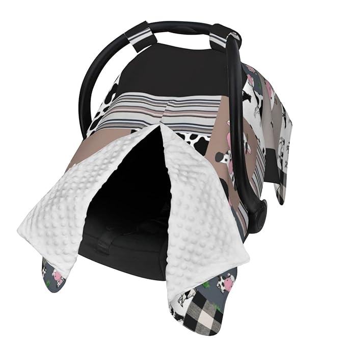 Personalized Cute Cow Baby Car Seat Canopy for Babies with Name, Custom Cow Stripes Car Seat Covers for Girls Boys, Peekaboo Opening Minky Nursing Cover Infant Car Seat Canopies for Newborn