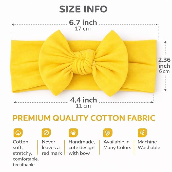 Baby Girl Headbands 0–6 Months – Newborn Infant Soft Cotton Handmade Bow Headband, Stretchy No Mark Baby Hair Accessories (Yellow, 0-6 Month)