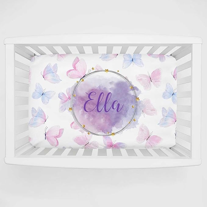 Personalized Mini Crib Sheets with Name, Custom Name Baby Pack and Play Sheets for Girls, Name Pack n Play, Customized Soft Fitted Sheet with Name (Colorful Butterfly), 39x27x5 Inch