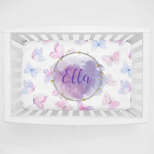 Personalized Mini Crib Sheets with Name, Custom Name Baby Pack and Play Sheets for Girls, Name Pack n Play, Customized Soft Fitted Sheet with Name (Colorful Butterfly), 39x27x5 Inch