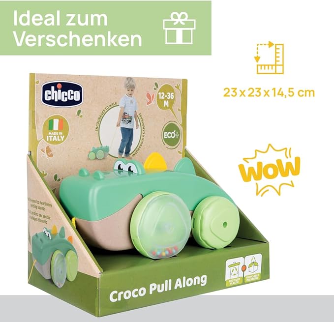 Chicco, Crocodile Pull Along Eco+, Pull Along Toy, 50 cm Long Rope, Wheels with Balls, Tumbling Movement, Recycled Plastic, Made in Italy, Children's Toy from 12-36 Months