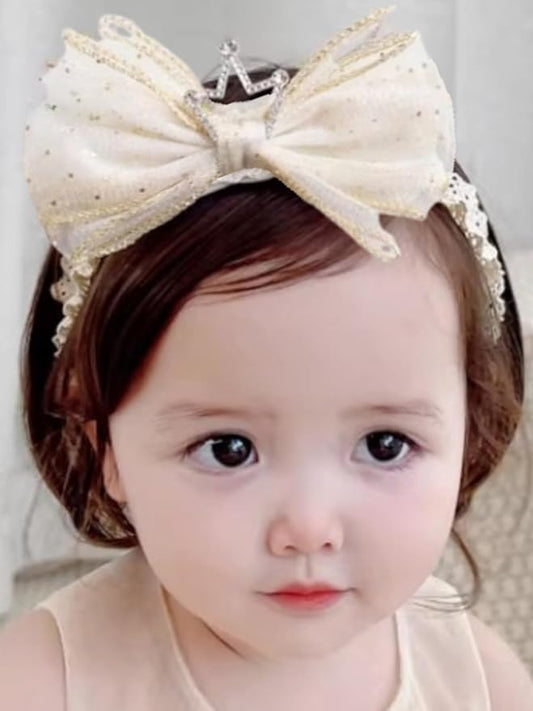 Baby Girls Hairband White Bow Lace Headbands Handmade Soft Stretchy Bowknot Hairbands Newborn Headband with Bows Pearls Elastic Head Band for Newborn Infant(Beige Crown Bow)