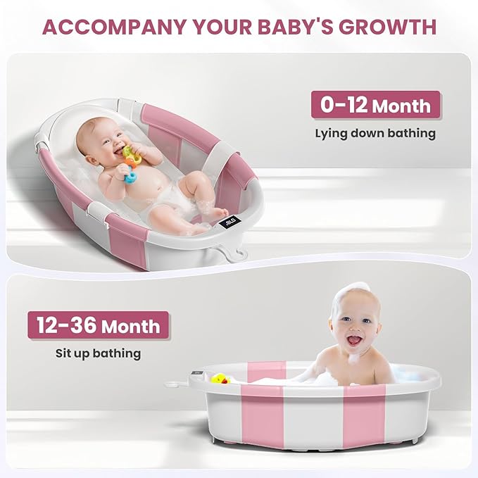 Collapsible Baby Bathtub with Soft Cushion and Thermometer, Newborn to Toddler Tub 0-36 Months with Toy Storage Mesh Bag, Portable Travel Bath for Infants (Pink)