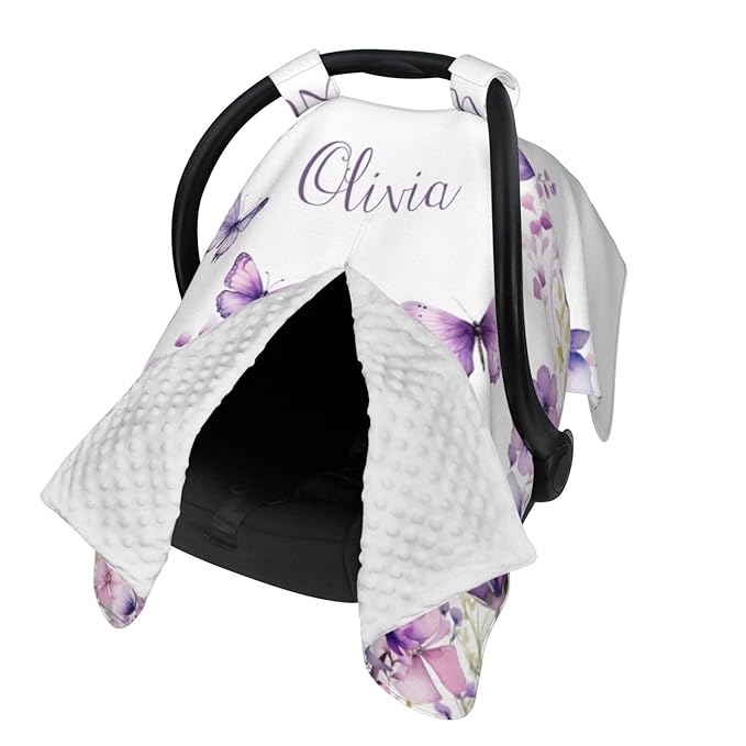 Personalized Baby Car Seat Canopy with Name – Custom Butterfly Purple Minky Nursing Cover for Girls, Soft Stroller Cover for Infants & Newborns, Carseat Canopy for Breastfeeding