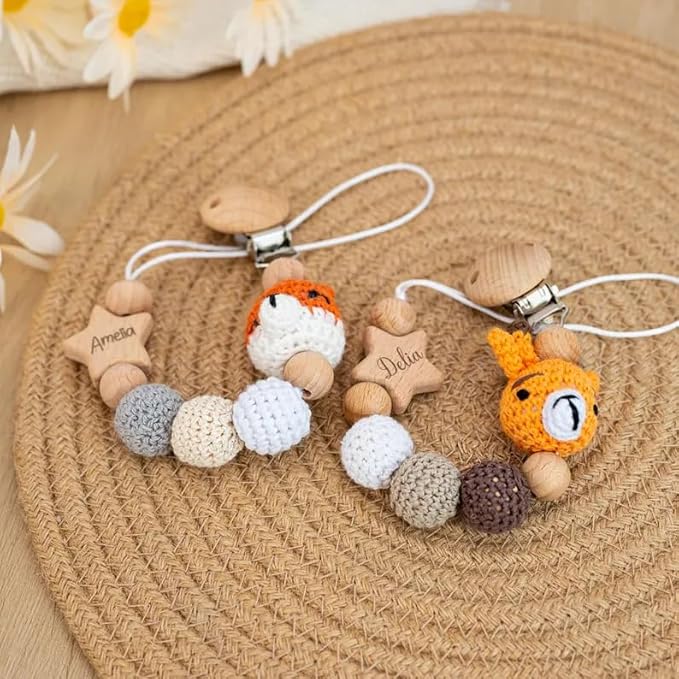 Personalized Baby Pacifier Clip with Cute Crocheted Animal,Custom Paci Holder with Engraved Name,Baby Shower Gift,Newborn Gift (style2)