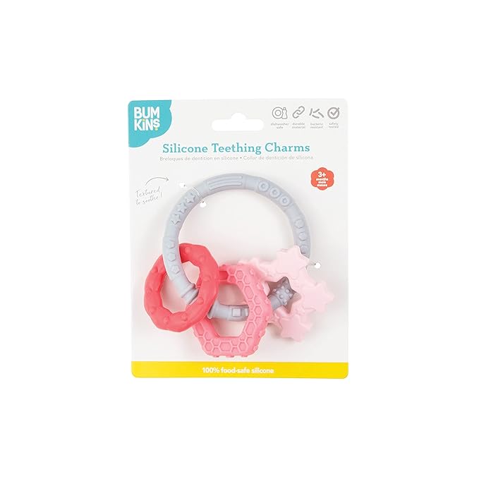 Bumkins Baby Teething Freezer Toy Keys Rings, Soft Flexible Pacifier to Chew, Cool Teether Gum Relief, Babies 3 Months, Freezable Platinum Silicone, Sensory Bracelet with Charms, Pink and Gray