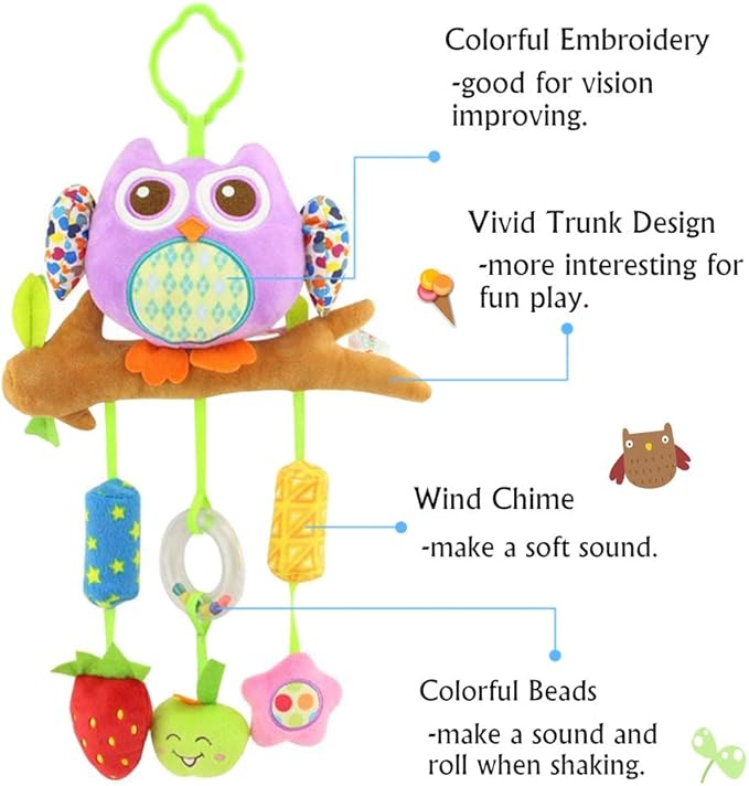 daisy's dream Owl Baby Rattle Stroller Toys for Infant Hanging Plush Toys with Wind Chime and Squeak for Crib Bed Car Seat 8.26'' x 16.9''