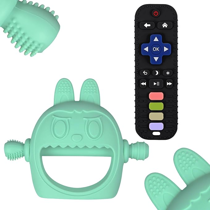 Teething Toys 3-18 Months Baby Teether Toy Toddler Remote Teether for Babies Silicone Hand Teether Mitten Control Remote Teething Glove Set, BPA Free