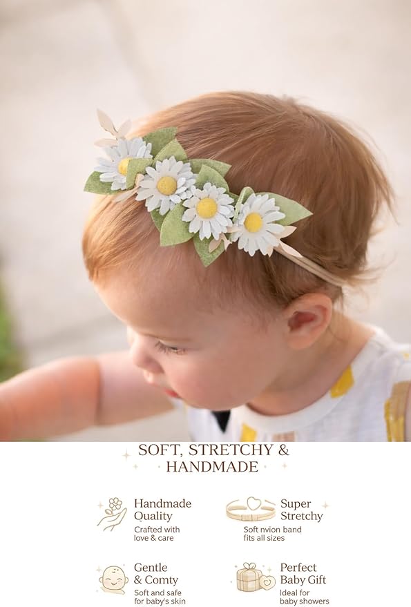 California Tot Felt Floral Daisy Crown – Soft & Stretchy Nylon Headband for Infants, Babies, Toddlers, and Girls – Wildflower Green Leaves & White Daisy Headpiece