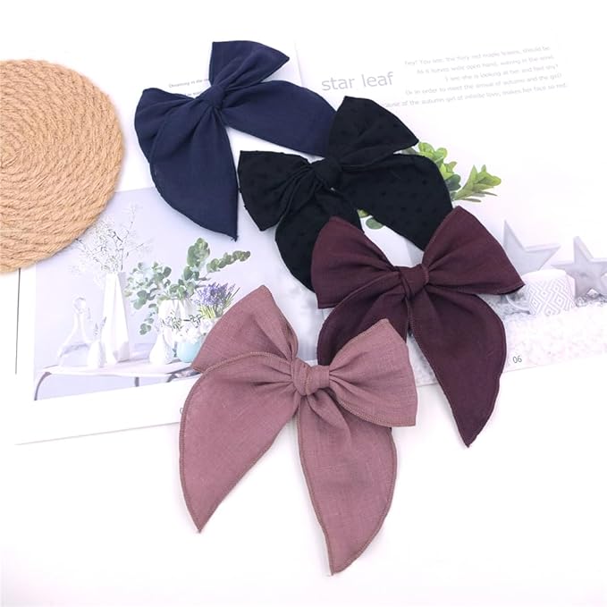 Pack of 4 Gorgeous Fable Bow Hair Clips for Girls Women Linen Hair Bow Alligator Clips Toddler Baby Mom Young Girl Hair Accessories (Burgundy/Black)