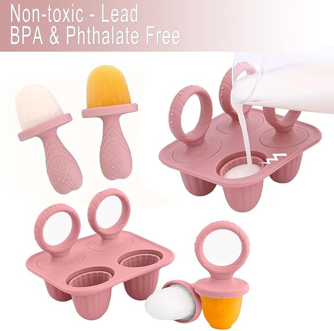 Silicone Popsicle Molds, Mini Breastmilk Popsicle Molds with Sticks, Frozen Breast Milk Teether Popsicle Maker Ice Pop Molds for Infant Feeding Spoon (2Set-Dark pink)