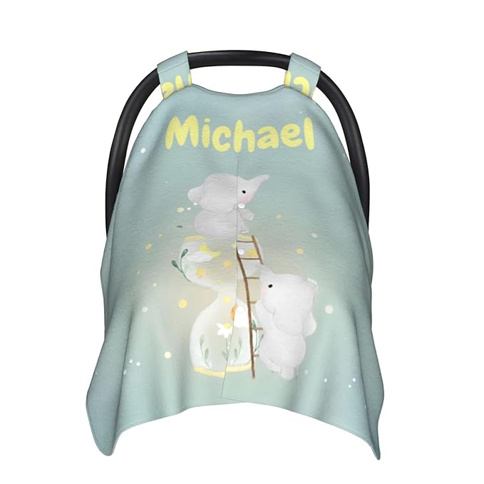 Custom Baby Car Seat Canopy with Name, Personalized Stroller Baby Car Seat Covers for Boys Girls, Minky Nursing Carseat Cover for Breastfeeding, Car Seat Canopies for Infant Newborn(Elephant)