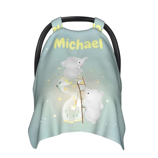 Custom Baby Car Seat Canopy with Name, Personalized Stroller Baby Car Seat Covers for Boys Girls, Minky Nursing Carseat Cover for Breastfeeding, Car Seat Canopies for Infant Newborn(Elephant)