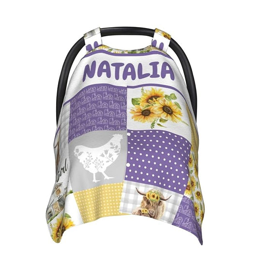 Personalized Baby Car Seat Canopy for Girls, Custom Name Baby Car Seats Covers for Babies, Opening Minky Nursing Breastfeeding Stroller Cover Infant Carseat Canopies for Newborn (Farm Cow Purple)