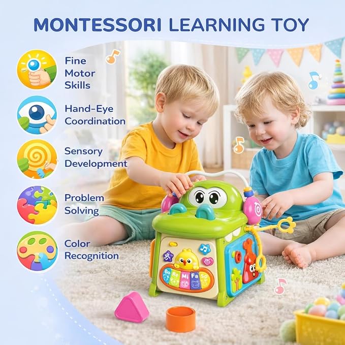 Qizebaby Montessori Activity Cube for Toddlers 1-3, Baby Activity Cube with Music & Lights, 8-in-1 Learning Toy with Shape Sorter & Bead Maze, Educational Toys for 12-36 Months Boys Girls