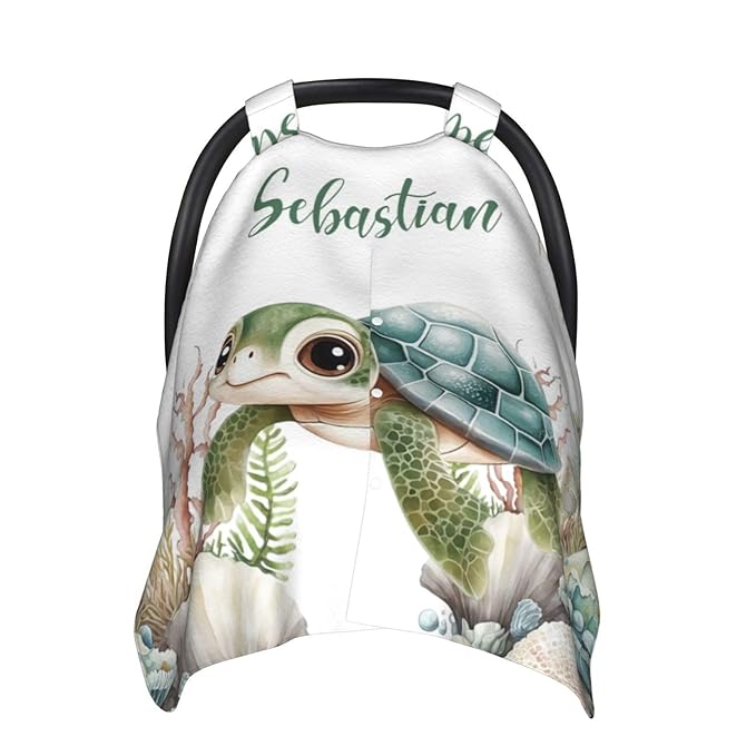 Custom Name Nursing Cover – Sea Turtle Baby Car Seat Canopy, Stroller Cover, Baby Minky Blanket – Personalized Newborn Shower Gift for Infant Boys & New Moms
