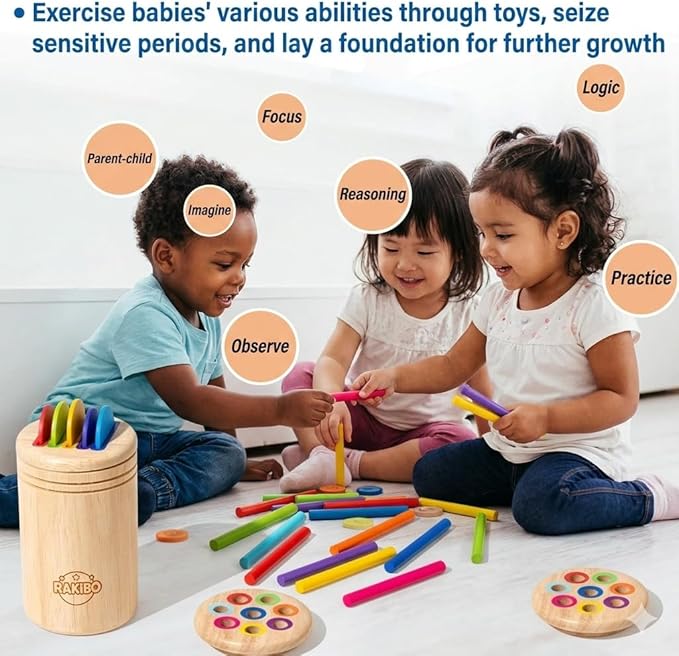 Montessori Color Sorting Toy for Toddlers Ages 1-5 – Wooden Fine Motor Skills Toy with Pegs, Sticks, Lids & Discs – Sensory Educational Activity – Gift-Ready in Box Learning Toy