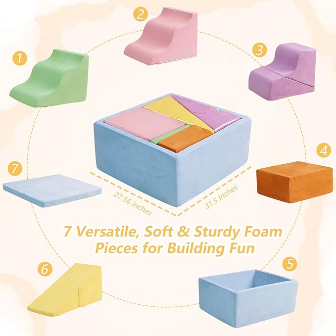 STAOLENE Climbing Toys for Toddlers, 7-Piece Foam Climbing Blocks with Ball Pit, Indoor Soft Play Set for Baby & Toddlers to Crawl, Climb, Motor Skills Development (Balls Not Included)