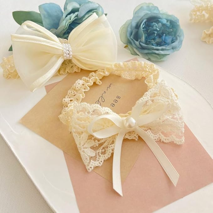 Cute Baby Girl Lace Headband Lace Bow Hair Accessories Elastic Bow Head Wrap for Newborn Infant Toddler Christening Baptism Party Hair Accessories for 0-36 Months (Ivory A, Free)