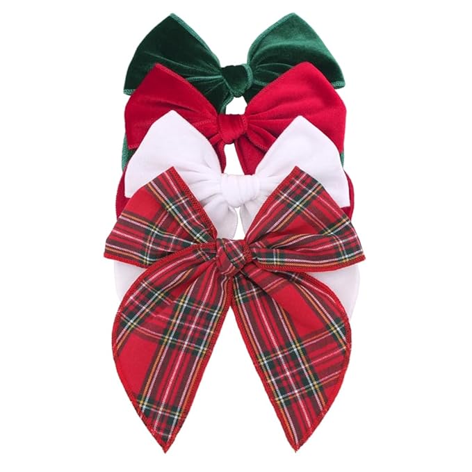 Velvet Plaid Bow Hair Clips and Accessories for Little Girls and Baby Moms - Red Green White Christmas Fable (4 Pack)
