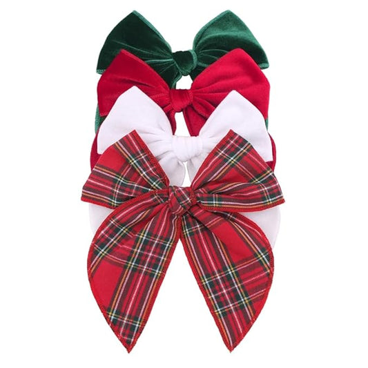 Velvet Plaid Bow Hair Clips and Accessories for Little Girls and Baby Moms - Red Green White Christmas Fable (4 Pack)