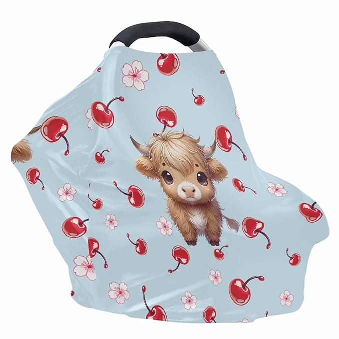 Wanyint Highland Cow Cherry Stretchy Baby Car Seat Cover Carseat Canopy for Babies Universal Baby Breastfeeding Stroller High Chair Shopping Cart Cover