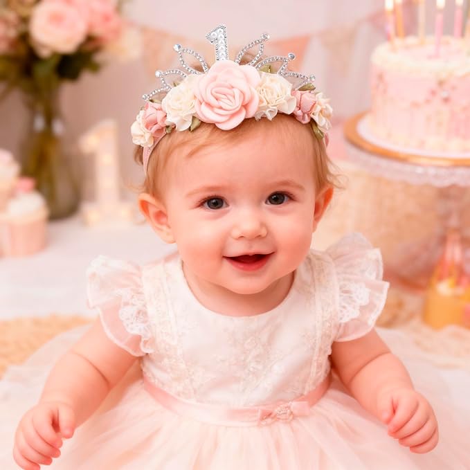 cherrboll Flower Headband Birthday Crown for Girl, Floral Nylon Hairband for 1-3 Years Old Toddler, First 1st Birthday Party Dress Photo Decoration Hair Accessory