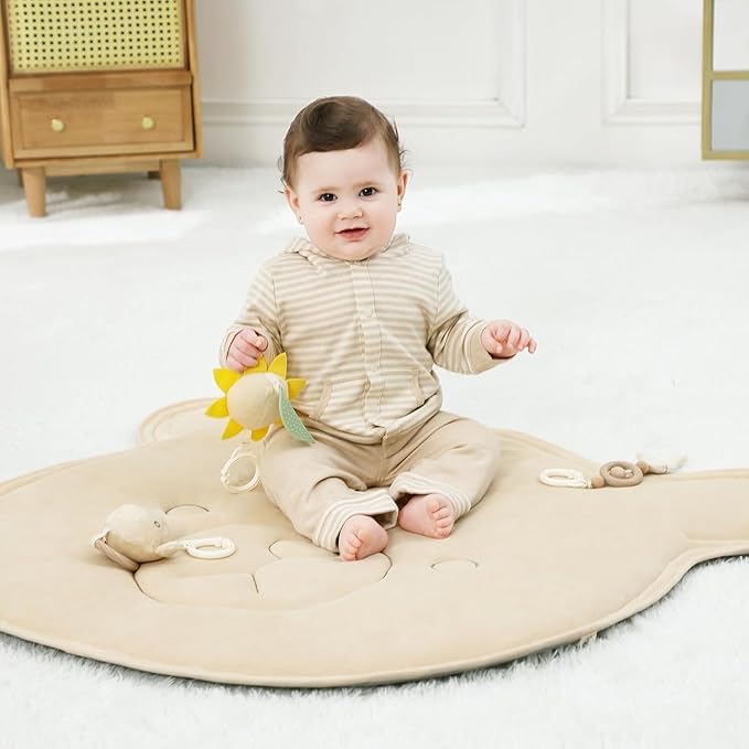 4-in-1 Wooden Baby Play Gym & Activity Mat, Soft Cotton Tummy Time Mat for Babies 0+,with 3 Detachable Toys for Sensory & Motor Skill Development,Newborn Infant Baby Essentials Gift,Kitten