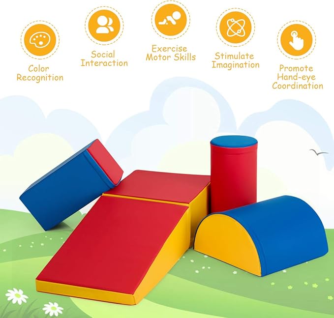 Costzon Crawl and Climb Play Set, Colorful 5 Piece Lightweight Foam Shape for Climbing, Crawling & Sliding, Safe Soft Block for Preschoolers, Baby, Kids (Ruby Red)