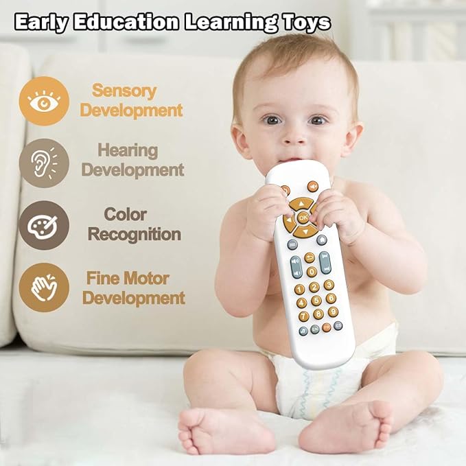 Baby TV Remote Control Toy with Music Sound and Light, Toddler Realistic Play TV Remote Toys Early Educational Learning Toy with 3 Language Musical Toy for 6-36 Months(White)