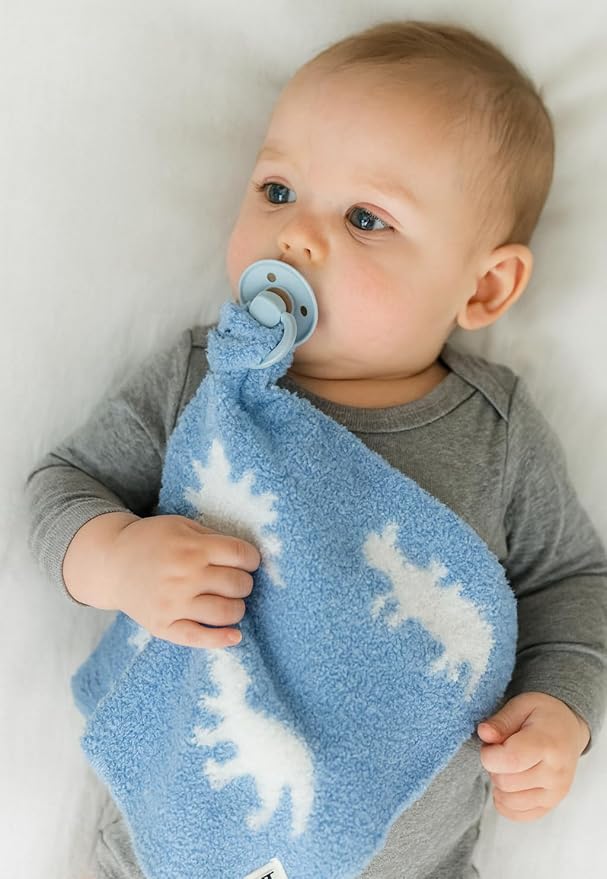 L+L USA Dinosaur Baby Lovey Pacifier/Teether Holder 10"x10" - DreamSoft Plush Fluffy Cuddly Soothie Reversible Mini Comfort Blanket - Newborn Gift Essential Babies Boys Girls (Baby Blue/White)