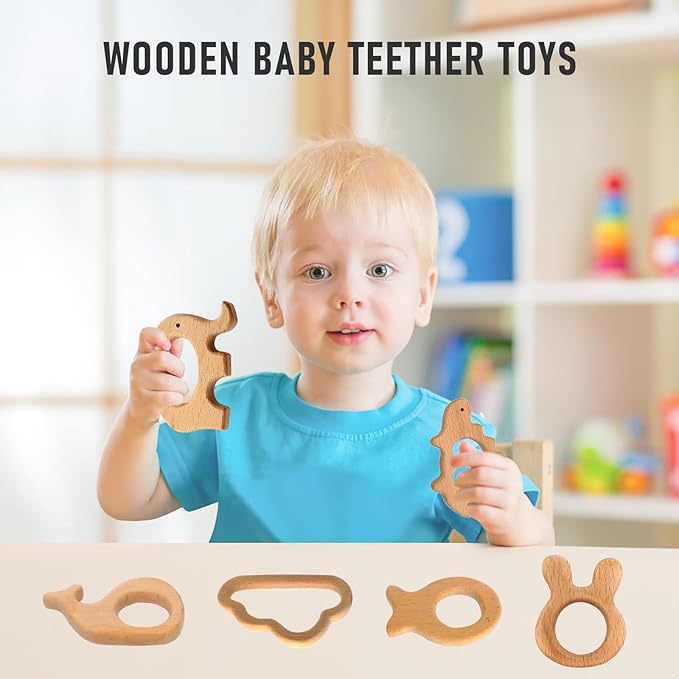 12-Pcs Baby Teether Toys,Wooden Teethers for Babies - Wooden Animal Toys, Teething Rings, Toddler Chew Toys，Baby Teething Rings and Wooden Teether Set-Suitable for Children Over 36 Months